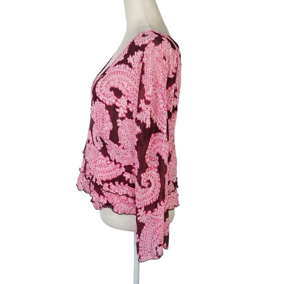 Vintage 90s/Y2K New York & Company Pink and Burgundy Paisley Mesh Top XL - Picture 3 of 6
